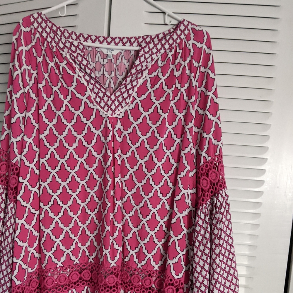 Crown and Ivy blouse, bright pink and white with many deco accents